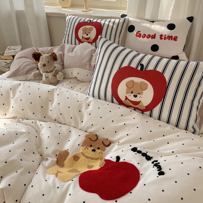 91家纺网 家纺一手货源 找家纺 美乐迪家纺 2025新款休闲风系列全棉毛巾绣四件套 苹果狗狗