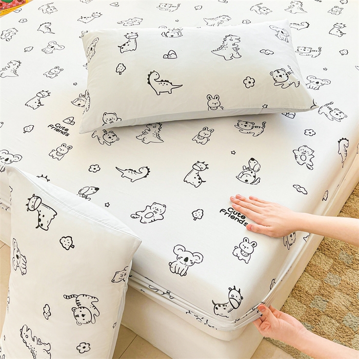 91家纺网 家纺一手货源 找家纺 雯豆2025春夏新品全棉床笠三件套学生成人印花纯棉床罩 全棉床笠-动物城