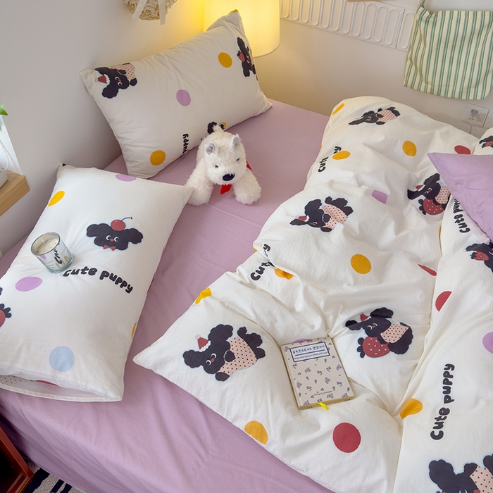 91家纺网 家纺一手货源 找家纺 颜选 2025新款水洗棉印花四件套 黑狗狗