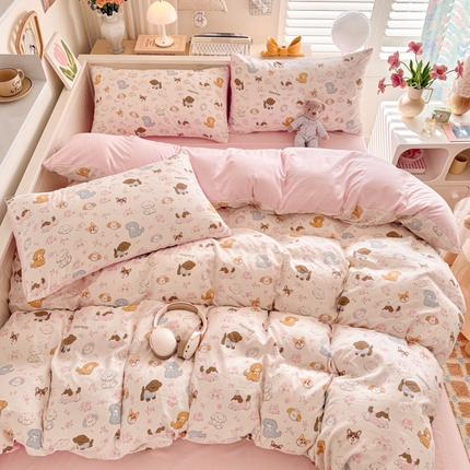 慕澄家纺 2025新款小清新水洗棉印花四件套 萌趣版-狗狗派对