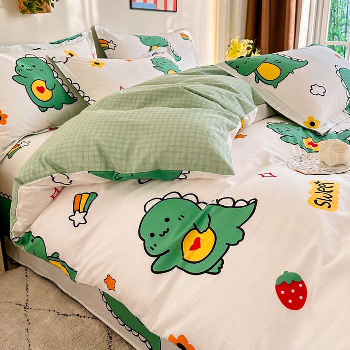 91家纺网 家纺一手货源 找家纺 棉造家居 2025新款亲肤舒适全棉纯棉印花系列三/四件套 恐龙宝贝
