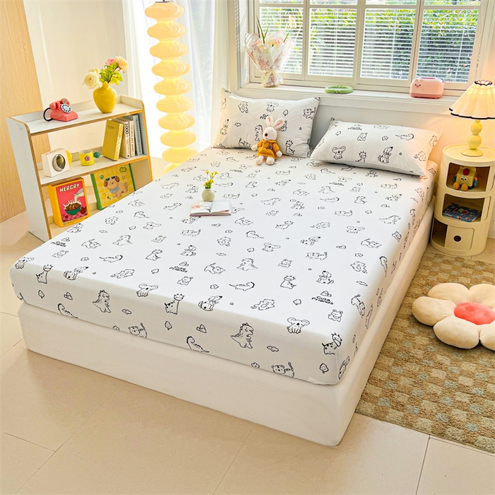 91家纺网 家纺一手货源 找家纺 雯豆2025春夏新品全棉床笠三件套学生成人印花纯棉床罩 全棉床笠-动物城