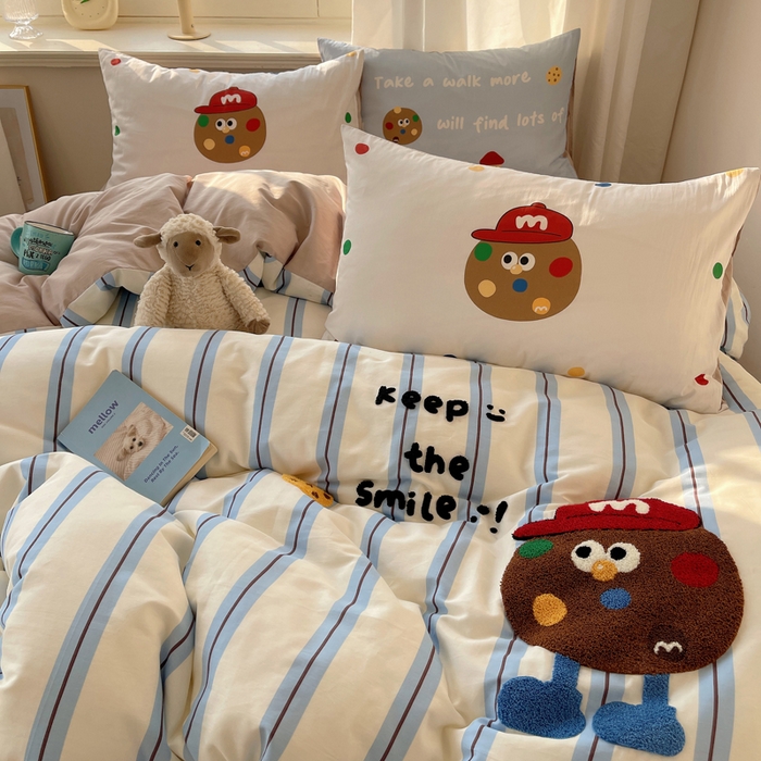 91家纺网 家纺一手货源 找家纺 美乐迪家纺 2025新款休闲风系列全棉毛巾绣四件套 玩趣m豆