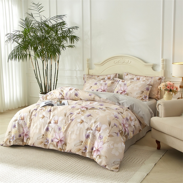 91家纺网 家纺一手货源 找家纺 曼秀琳 2025新款铂金棉数码印花四件套(全棉133*76) 繁华挽风-驼