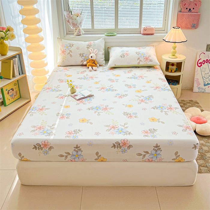 91家纺网 家纺一手货源 找家纺 雯豆2025春夏新品全棉床笠三件套学生成人印花纯棉床罩 全棉床笠-雅韵