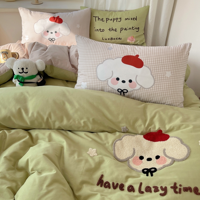 91家纺网 家纺一手货源 找家纺 美乐迪家纺 2025新款休闲风系列全棉毛巾绣四件套 休闲小狗