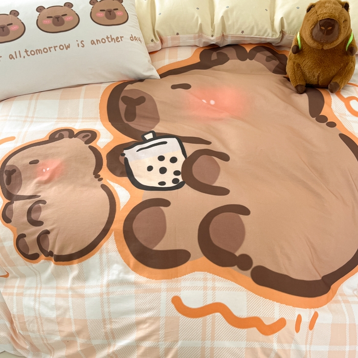 91家纺网 家纺一手货源 找家纺 博雅 2025新款卡皮巴拉系列全棉印花四件套 可爱卡皮巴拉