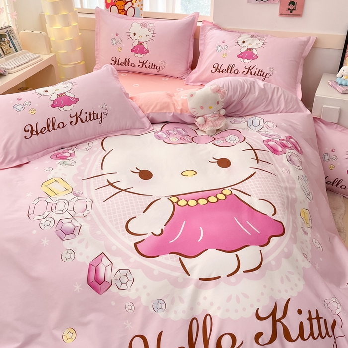 91家纺网 家纺一手货源 找家纺 博雅 2025新款三丽鸥大版印花全棉四件套专版花型 全棉大版（升级款信封枕）花花KT猫