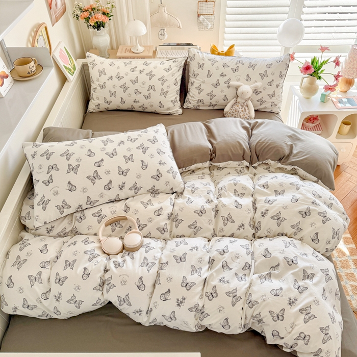 91家纺网 家纺一手货源 找家纺 慕澄家纺 2025新款小清新水洗棉印花四件套 萌趣版-蝶恋