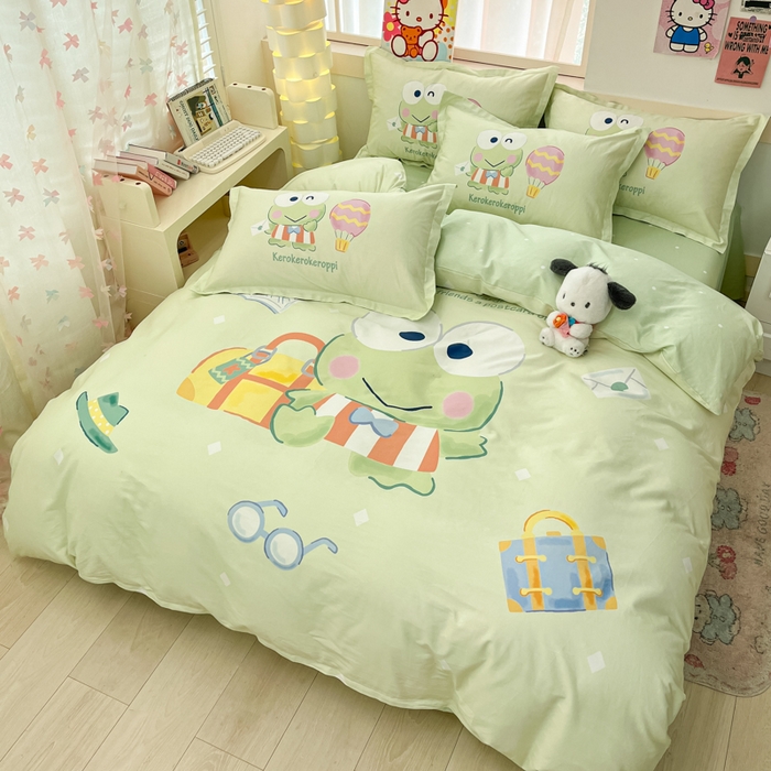 91家纺网 家纺一手货源 找家纺 博雅 2025新款三丽鸥大版印花全棉四件套专版花型 全棉大版（升级款信封枕）开心天眼蛙