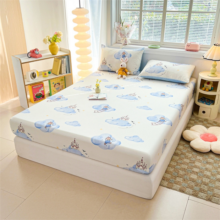 91家纺网 家纺一手货源 找家纺 雯豆2025春夏新品全棉床笠三件套学生成人印花纯棉床罩 全棉床笠-熊熊城堡