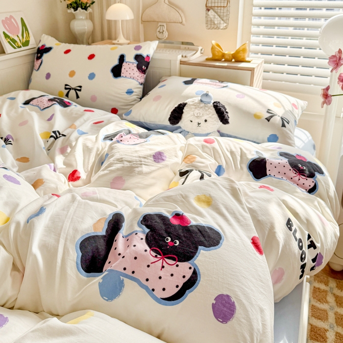 91家纺网 家纺一手货源 找家纺 慕澄家纺 2025新款小清新水洗棉印花四件套 萌趣版-彩波波