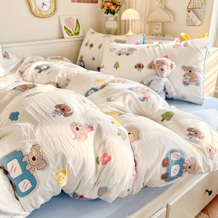 91家纺网 家纺一手货源 找家纺 慕澄家纺 2025新款小清新水洗棉印花四件套 萌趣版-汽车动员