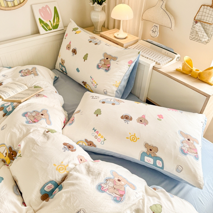 91家纺网 家纺一手货源 找家纺 慕澄家纺 2025新款小清新水洗棉印花四件套 萌趣版-汽车动员