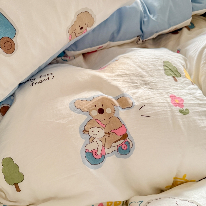 91家纺网 家纺一手货源 找家纺 慕澄家纺 2025新款小清新水洗棉印花四件套 萌趣版-汽车动员