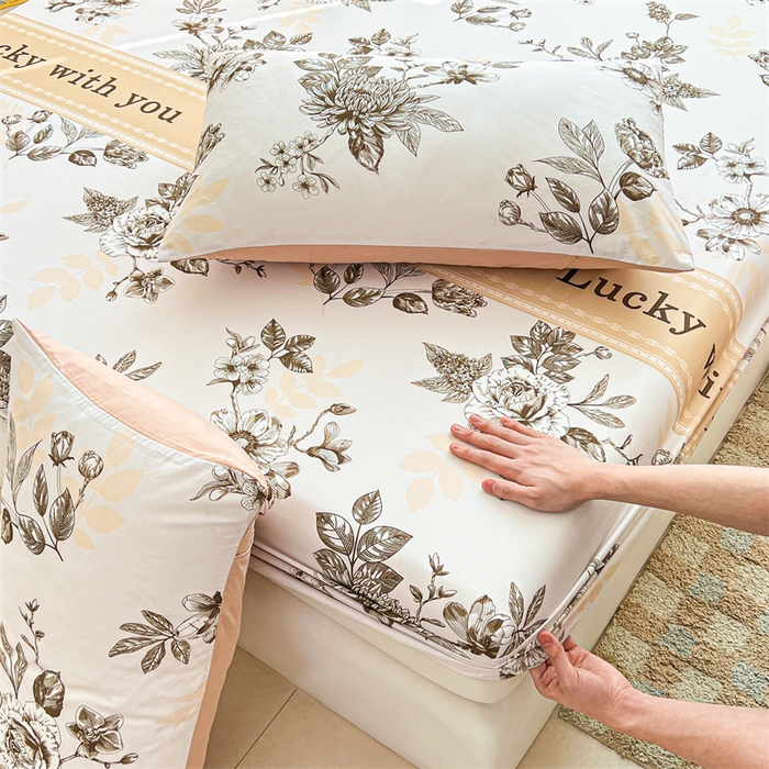 91家纺网 家纺一手货源 找家纺 雯豆2025春夏新品全棉床笠三件套学生成人印花纯棉床罩 全棉床笠-蔓秋