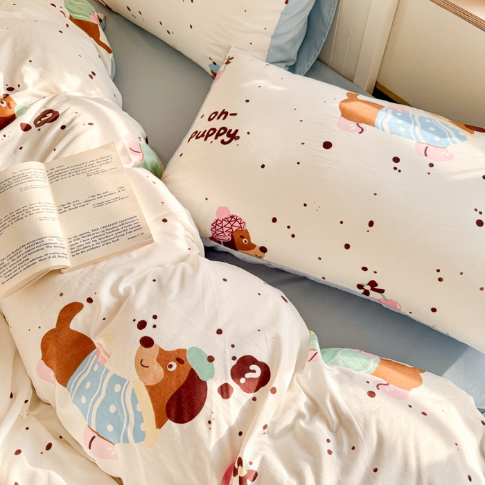 91家纺网 家纺一手货源 找家纺 慕澄家纺 2025新款小清新水洗棉印花四件套 萌趣版-腊肠狗