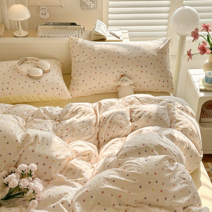 91家纺网 家纺一手货源 找家纺 慕澄家纺 2025新款小清新水洗棉印花四件套 萌趣版-奶油波点