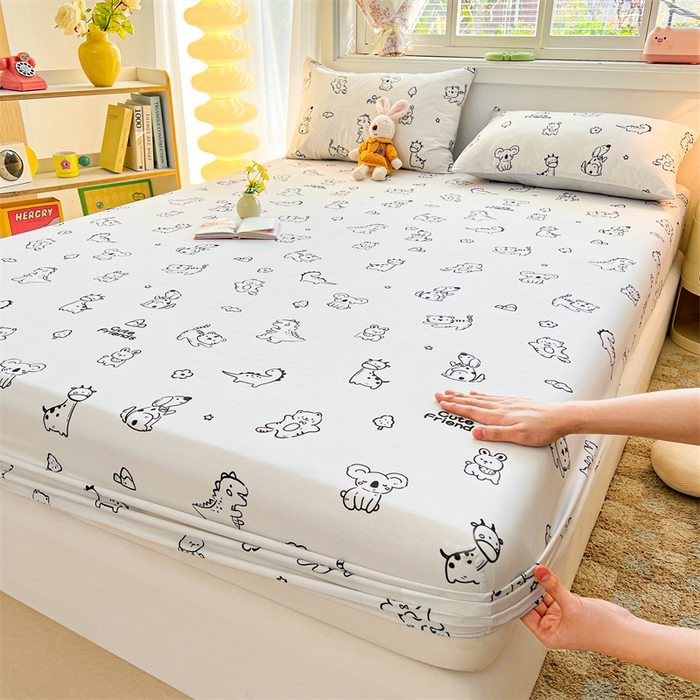 91家纺网 家纺一手货源 找家纺 雯豆2025春夏新品全棉床笠三件套学生成人印花纯棉床罩 全棉床笠-动物城