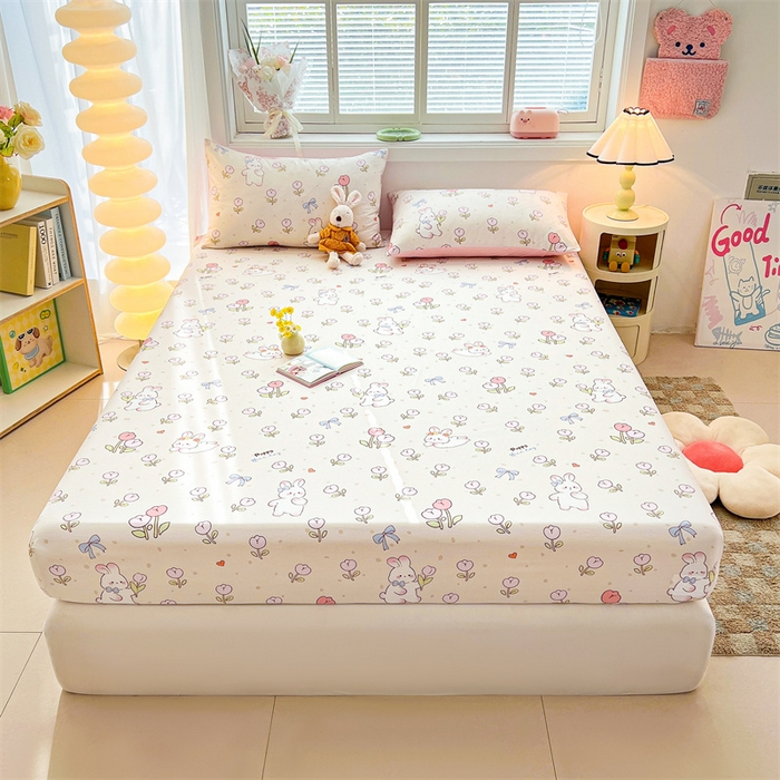 91家纺网 家纺一手货源 找家纺 雯豆2025春夏新品全棉床笠三件套学生成人印花纯棉床罩 全棉床笠-小兔乖乖