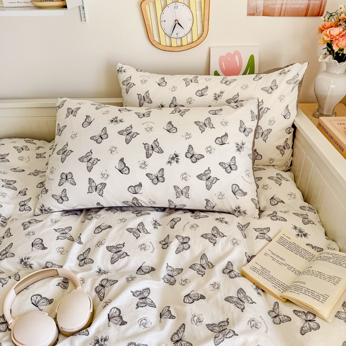 91家纺网 家纺一手货源 找家纺 慕澄家纺 2025新款小清新水洗棉印花四件套 萌趣版-蝶恋