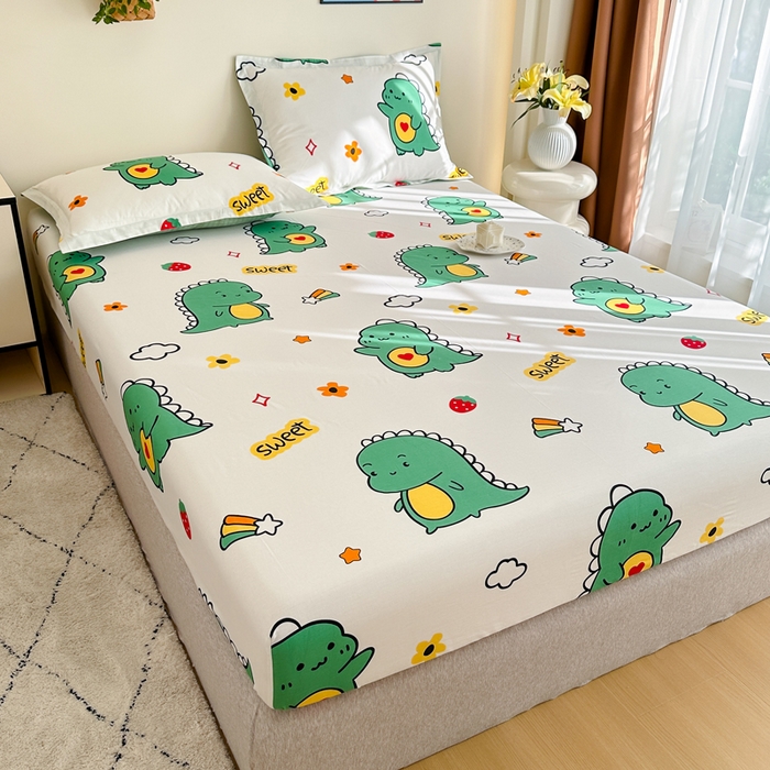 91家纺网 家纺一手货源 找家纺 棉造家居 2025新款亲肤舒适全棉纯棉印花单床笠 恐龙宝贝