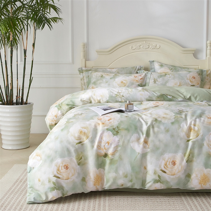 91家纺网 家纺一手货源 找家纺 曼秀琳 2025新款铂金棉数码印花四件套(全棉133*76) 墨雨云间-绿