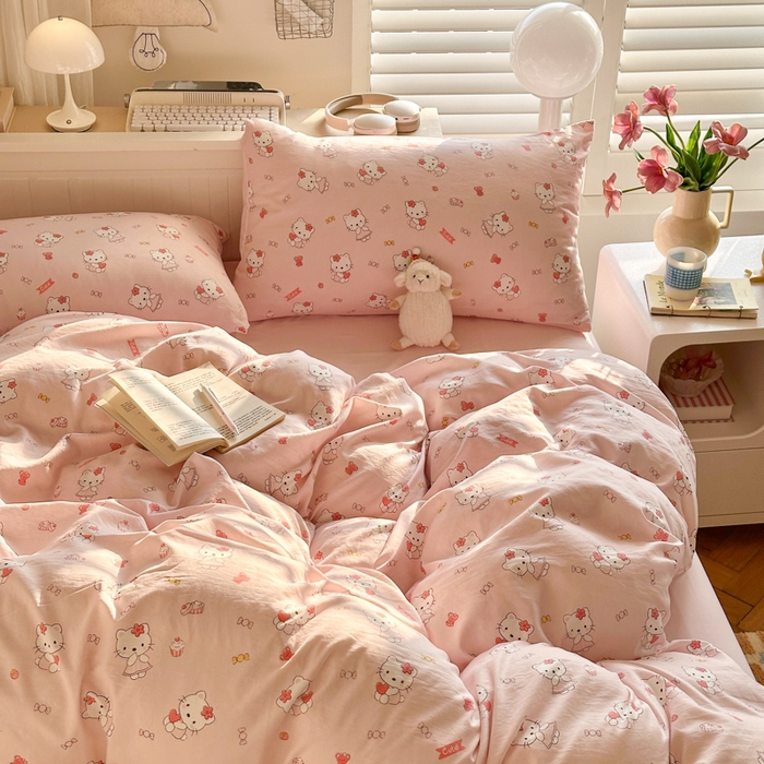 91家纺网 家纺一手货源 找家纺 慕澄家纺 2025新款小清新水洗棉印花四件套 萌趣版-粉咪咪