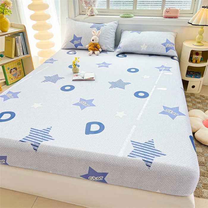 91家纺网 家纺一手货源 找家纺 雯豆2025春夏新品全棉床笠三件套学生成人印花纯棉床罩 全棉床笠-星星约定