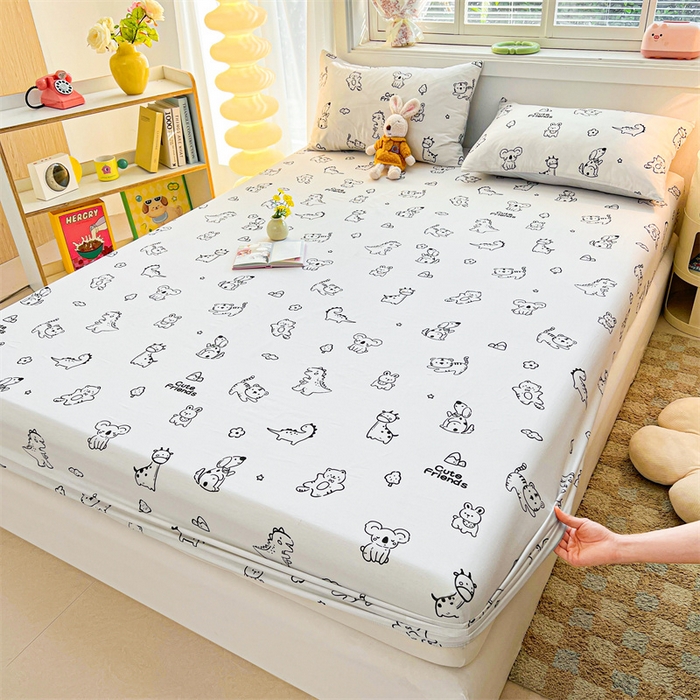 91家纺网 家纺一手货源 找家纺 雯豆2025春夏新品全棉床笠三件套学生成人印花纯棉床罩 全棉床笠-动物城