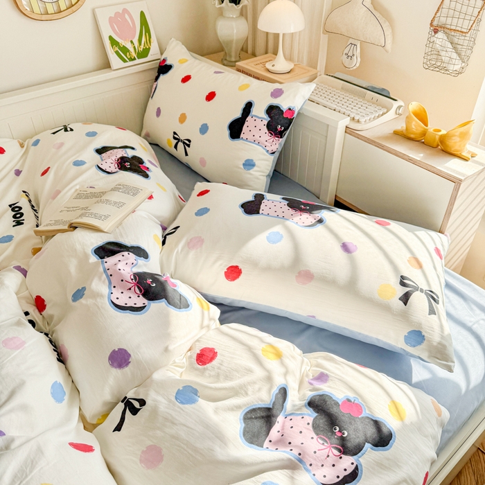 91家纺网 家纺一手货源 找家纺 慕澄家纺 2025新款小清新水洗棉印花四件套 萌趣版-彩波波