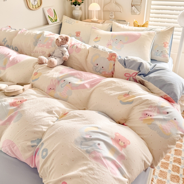 91家纺网 家纺一手货源 找家纺 慕澄家纺 2025新款小清新水洗棉印花四件套 萌趣版-小象