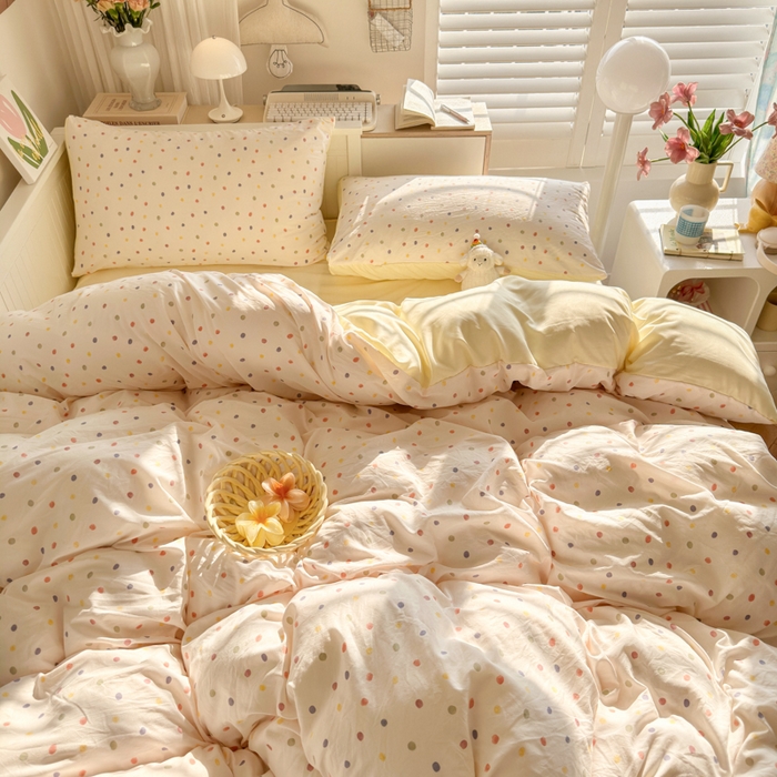 91家纺网 家纺一手货源 找家纺 慕澄家纺 2025新款小清新水洗棉印花四件套 萌趣版-奶油波点