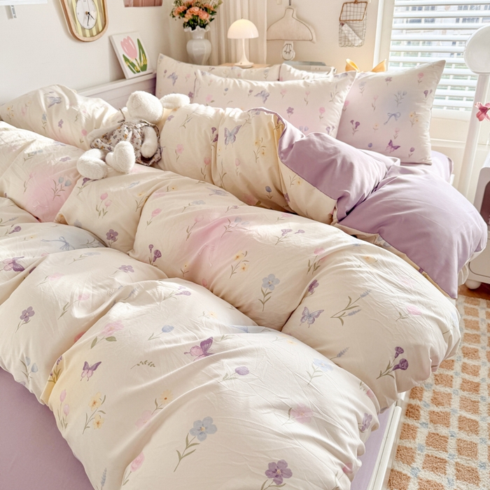 91家纺网 家纺一手货源 找家纺 慕澄家纺 2025新款小清新水洗棉印花四件套 萌趣版-觅蝶