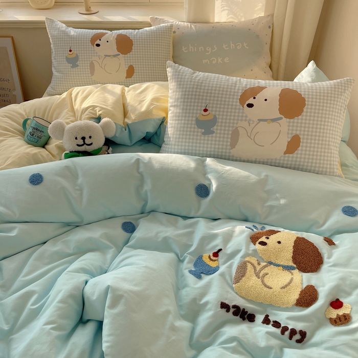 91家纺网 家纺一手货源 找家纺 美乐迪家纺 2025新款休闲风系列全棉毛巾绣四件套 布丁狗狗