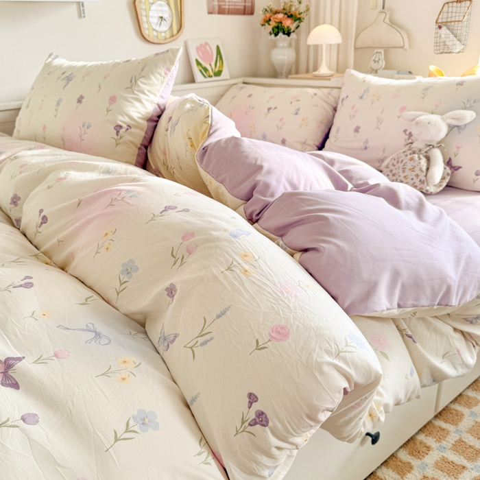 91家纺网 家纺一手货源 找家纺 慕澄家纺 2025新款小清新水洗棉印花四件套 萌趣版-觅蝶