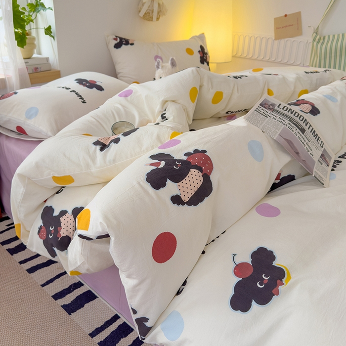 91家纺网 家纺一手货源 找家纺 颜选 2025新款水洗棉印花四件套 黑狗狗