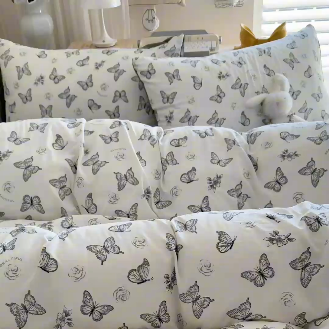 91家纺网 家纺一手货源 找家纺 慕澄家纺 2025新款小清新水洗棉印花四件套 萌趣版-蝶恋