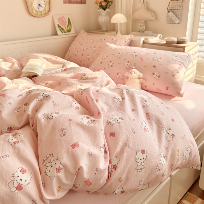 91家纺网 家纺一手货源 找家纺 慕澄家纺 2025新款小清新水洗棉印花四件套 萌趣版-粉咪咪