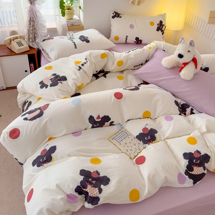 91家纺网 家纺一手货源 找家纺 颜选 2025新款水洗棉印花四件套 黑狗狗