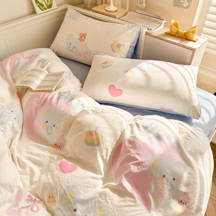 91家纺网 家纺一手货源 找家纺 慕澄家纺 2025新款小清新水洗棉印花四件套 萌趣版-小象