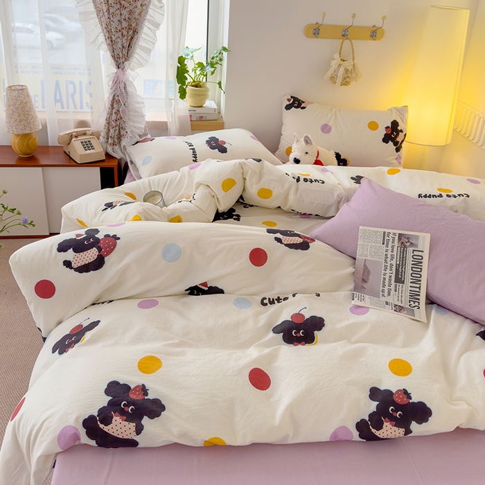 91家纺网 家纺一手货源 找家纺 颜选 2025新款水洗棉印花四件套 黑狗狗