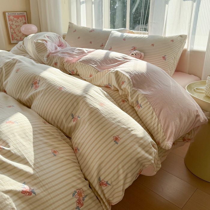 91家纺网 家纺一手货源 找家纺  赫然 2026新款水洗双层纱四件套 樱花季