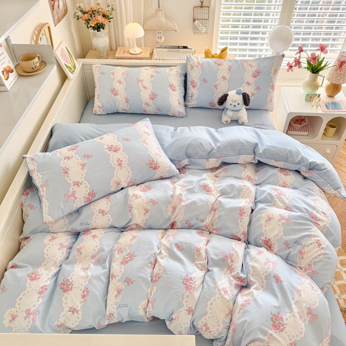 91家纺网 家纺一手货源 找家纺 慕澄家纺 2025新款小清新水洗棉印花四件套 萌趣版-蓝色花语