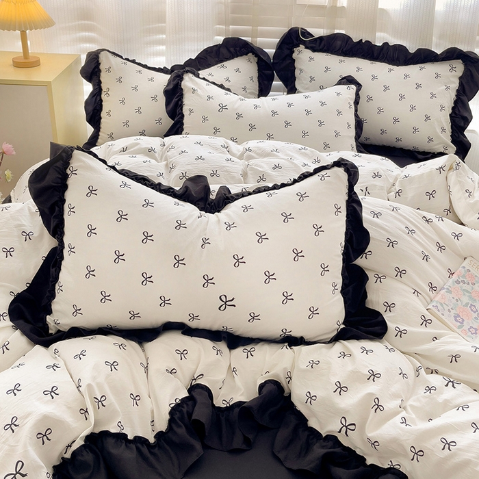 91家纺网 家纺一手货源 找家纺 繁花家居 2025新款黑色花边赫本风水洗棉双层纱针织棉韩式花边四件套 少女心