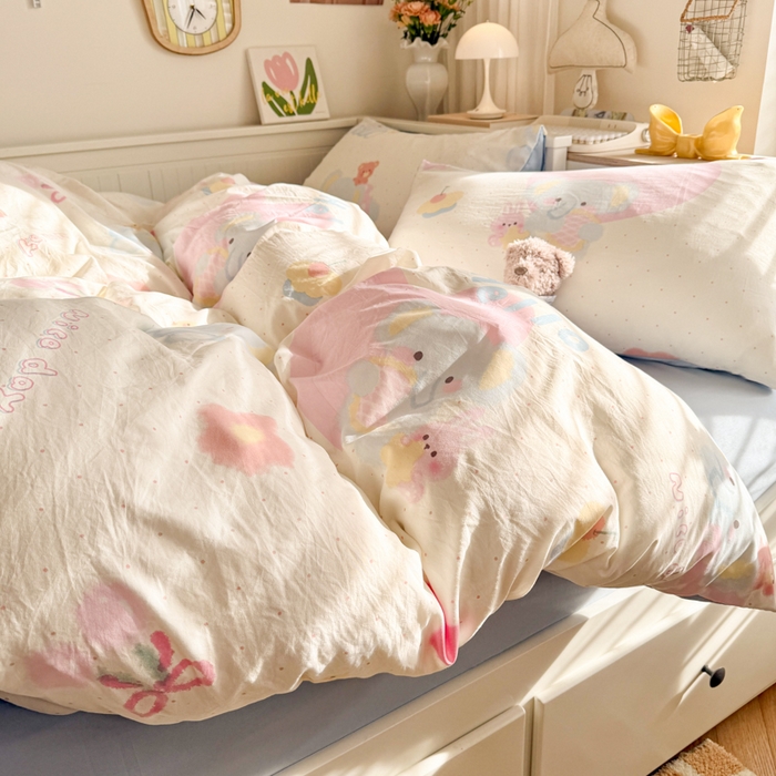 91家纺网 家纺一手货源 找家纺 慕澄家纺 2025新款小清新水洗棉印花四件套 萌趣版-小象