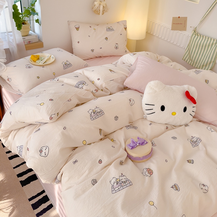 91家纺网 家纺一手货源 找家纺 颜选 2025新款水洗棉印花四件套 可可猫咪