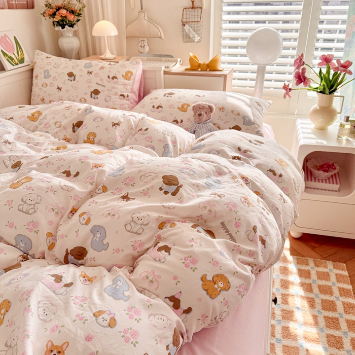 91家纺网 家纺一手货源 找家纺 慕澄家纺 2025新款小清新水洗棉印花四件套 萌趣版-狗狗派对