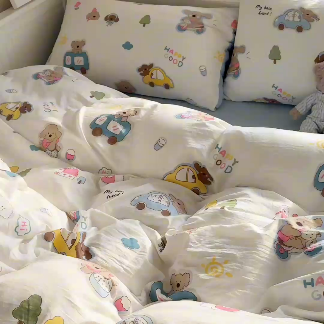 91家纺网 家纺一手货源 找家纺 慕澄家纺 2025新款小清新水洗棉印花四件套 萌趣版-汽车动员