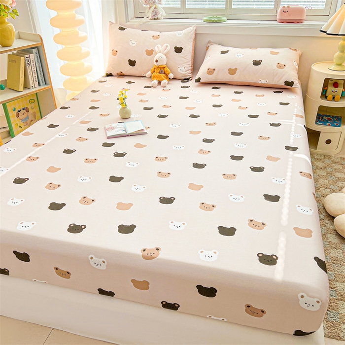 91家纺网 家纺一手货源 找家纺 雯豆2025春夏新品全棉床笠三件套学生成人印花纯棉床罩 全棉床笠-饼干熊